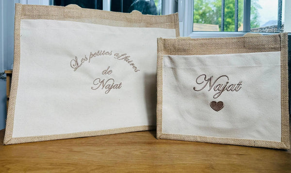 Sac en Jute Brodé Personnalisé avec Pochette Coton - Petit & Grand Modèles